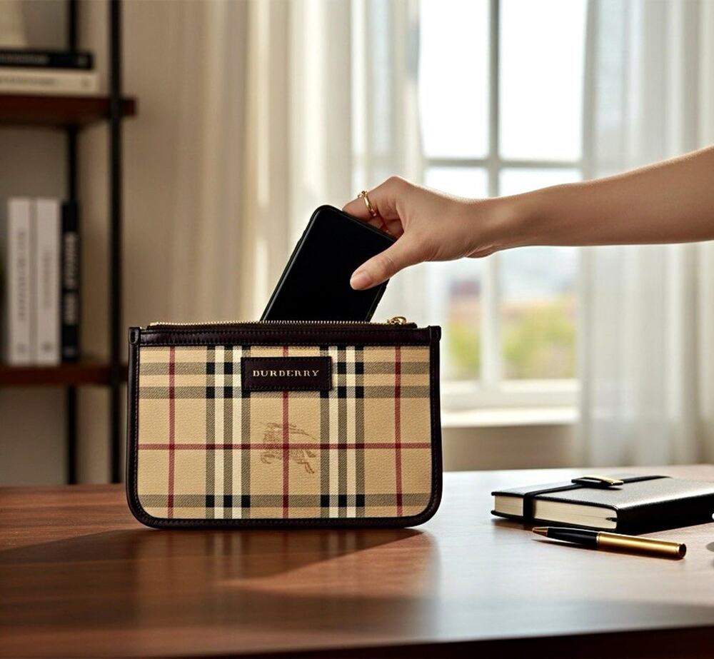 Burberry Haymarket Check Canvas Zipper Pouch Clutch Bag